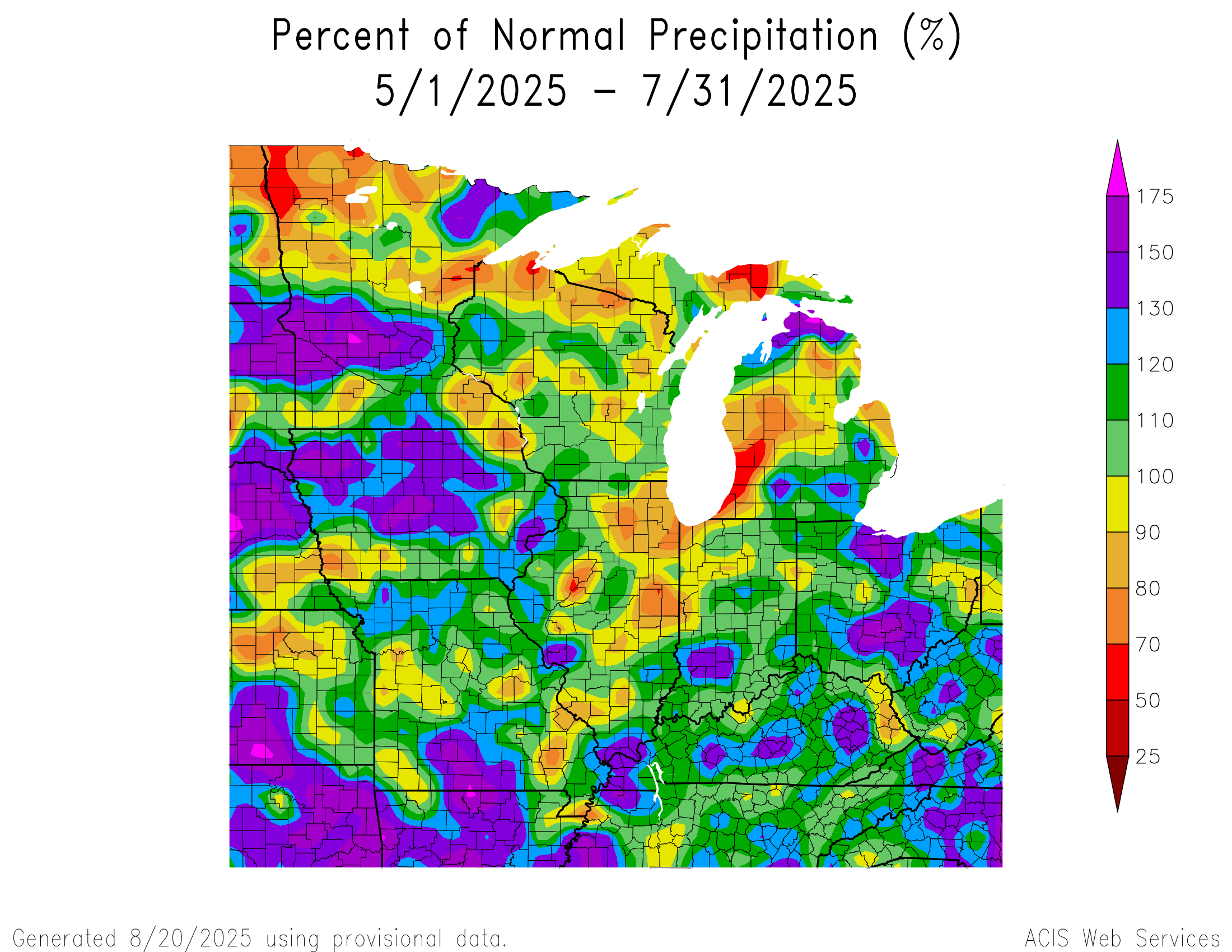 Percent of normal precipitation from May 1, 2025, to July 31, 2025. Drought conditions in western Berrien, Cass, Van Buren and Allegan counties stressed crops throughout much of the growing season.